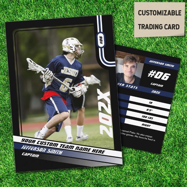Lacrosse Player Trading Card in Black Blue (Lacrosse Player Trading Card in Black with Custom Team Name and Blue White Elements)