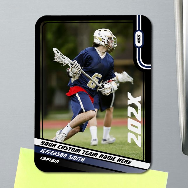 Lacrosse Player Trading Card in Black Blue Magnet (Lacrosse Player Magnet in Black with Custom Team Name and Blue White Elements)