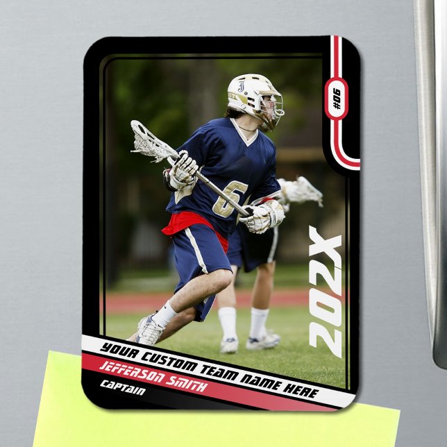 Lacrosse Player Trading Card in Black Red Magnet (Lacrosse Player Magnet in Black with Custom Team Name and Red White Elements)