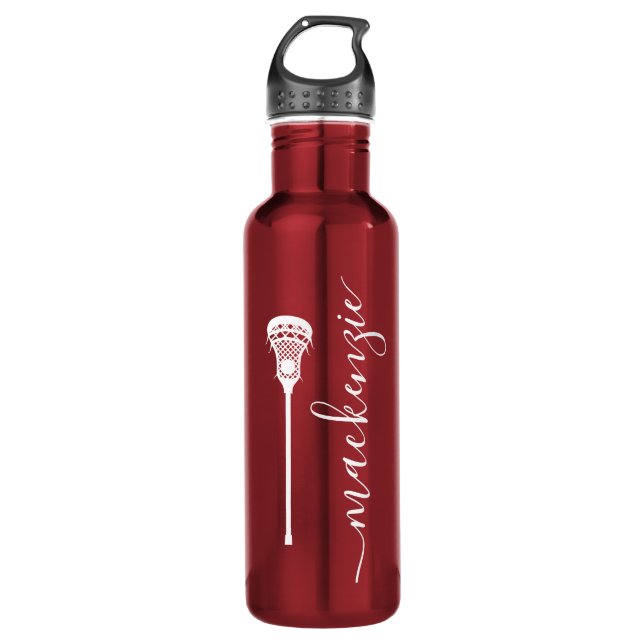 Lacrosse Player Womens Girls Red Personalised Text 710 Ml Water Bottle (Front)