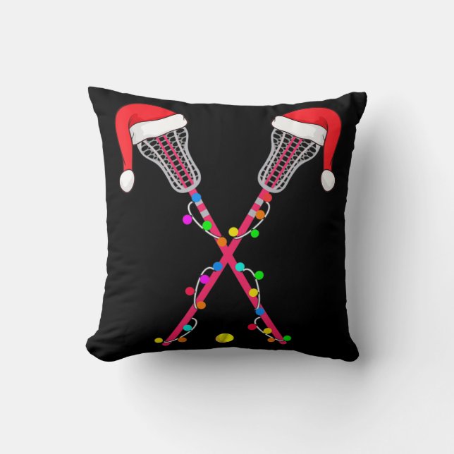Lacrosse Santa Hat Christmas Lights Fun Sport Xmas Cushion (Front)