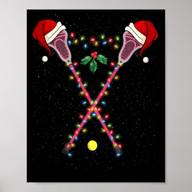 Lacrosse Santa Hat Christmas Lights Sport Poster (Front)