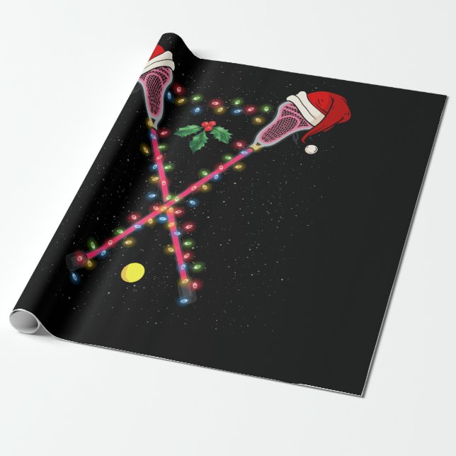 Lacrosse Santa Hat Christmas Lights Sport Wrapping Paper (Unrolled)