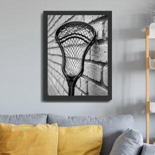 Lacrosse Stick Head Black White Brick Wall Poster