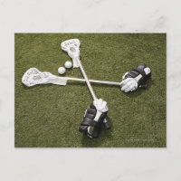 Lacrosse sticks, gloves and balls on artificial