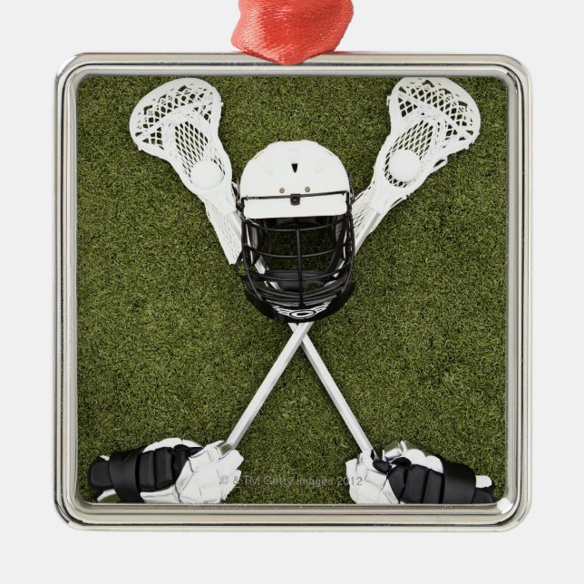 Lacrosse sticks, gloves, balls and sports helmet metal ornament (Front)