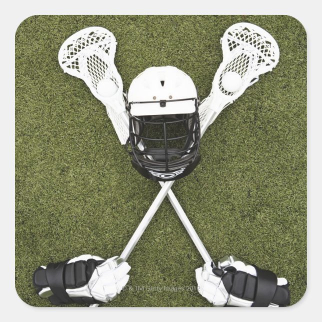 Lacrosse sticks, gloves, balls and sports helmet square sticker (Front)