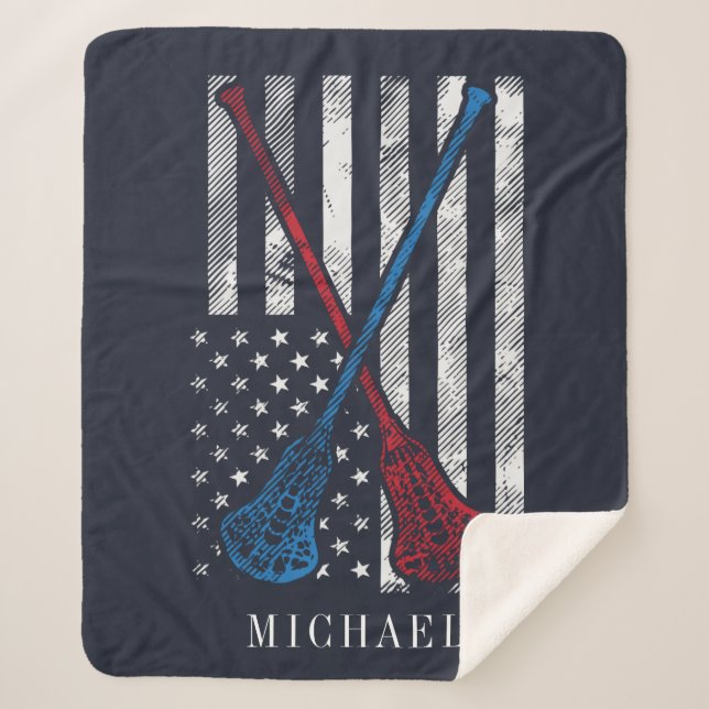 Lacrosse Sticks Vintage Flag Personalised Sherpa Blanket (Front)