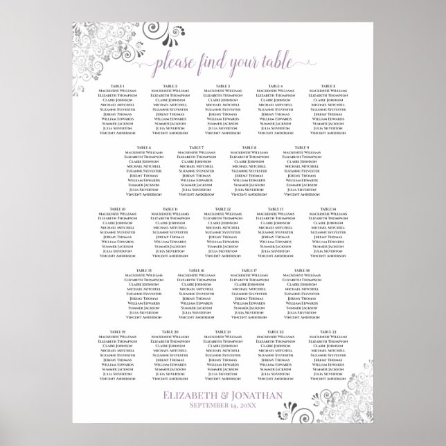 Lacy 23 Table Wedding Seating Chart White Lavender (Front)