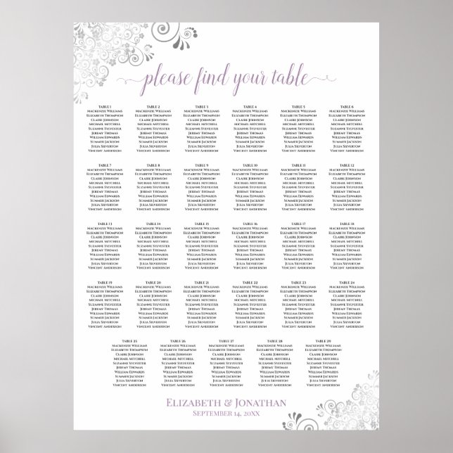 Lacy 29 Table Wedding Seating Chart Lavender White (Front)