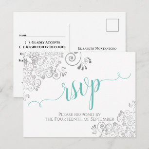 Lacy Aqua Calligraphy on White Wedding RSVP Postcard