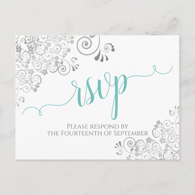 Lacy Aqua Calligraphy on White Wedding RSVP Postcard (Front)