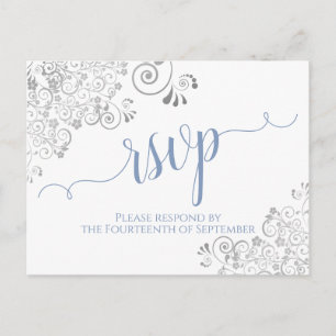Lacy Calligraphy Light Blue on White Wedding RSVP Postcard
