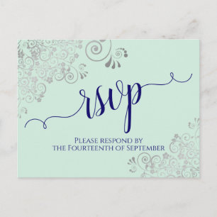Lacy Calligraphy Navy Blue on Mint Wedding RSVP Postcard