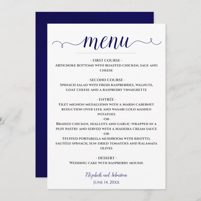 Lacy Calligraphy Navy Blue & White Wedding Menu (Front/Back)
