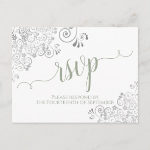 Lacy Calligraphy Sage Green White Wedding RSVP Postcard