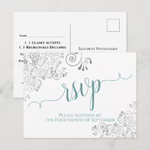 Lacy Calligraphy Teal & White Wedding RSVP Postcard