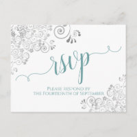 Lacy Calligraphy Teal & White Wedding RSVP