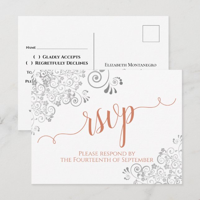 Lacy Calligraphy Terracotta on White Wedding RSVP Postcard (Front/Back)