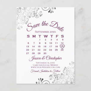 Lacy Cassis Purple Wedding Save the Date Calendar Announcement Postcard