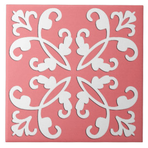 Lacy cutwork - white over azalea pink ceramic tile