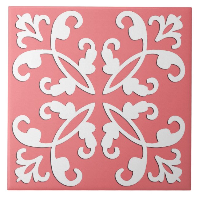 Lacy cutwork - white over azalea pink ceramic tile (Front)