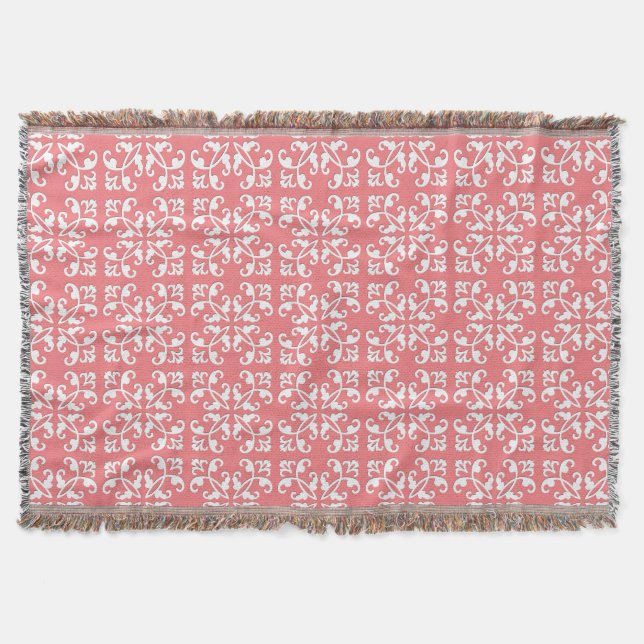 Lacy cutwork - white over azalea pink throw blanket (Front)