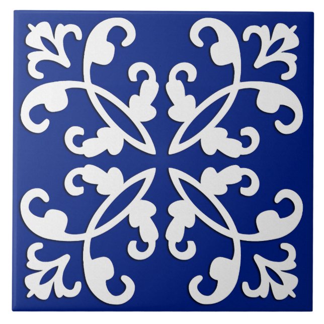Lacy cutwork - white over lapis blue ceramic tile (Front)