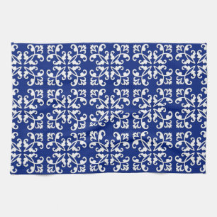 Lacy cutwork - white over lapis blue tea towel