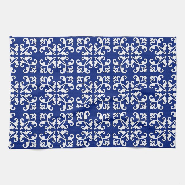 Lacy cutwork - white over lapis blue tea towel (Horizontal)