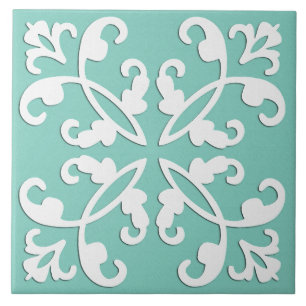Lacy cutwork - white over seafoam green ceramic tile