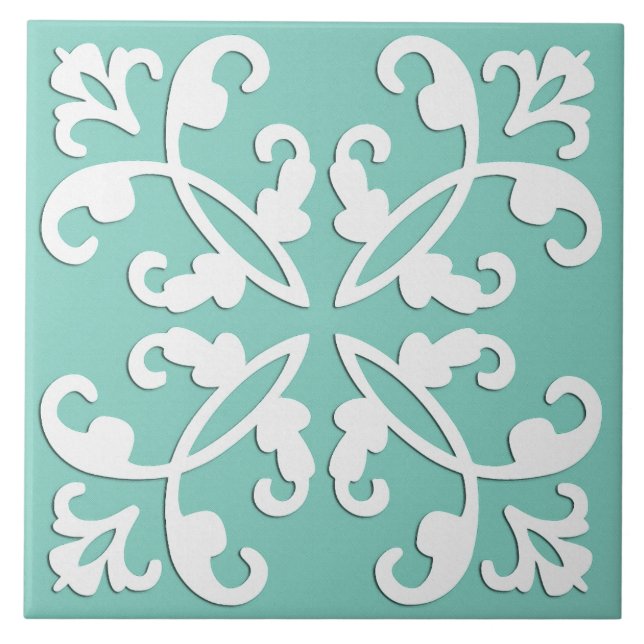 Lacy cutwork - white over seafoam green ceramic tile (Front)