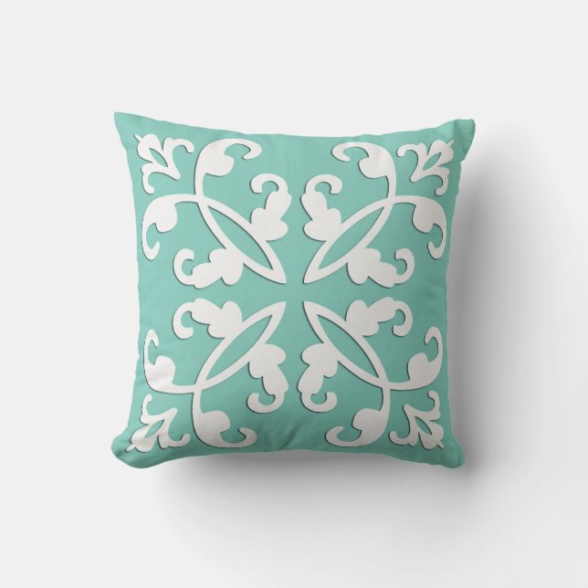 Lacy cutwork - white over seafoam green cushion (Front)