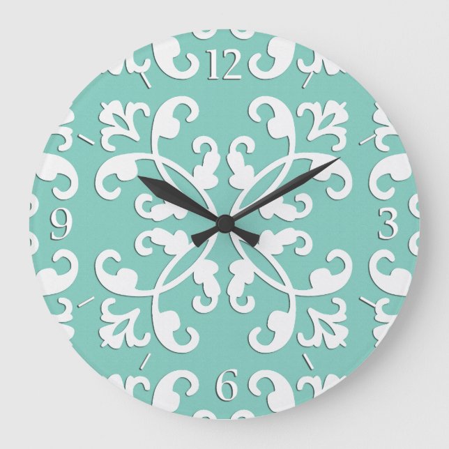 Lacy cutwork - white over seafoam green large clock (Front)