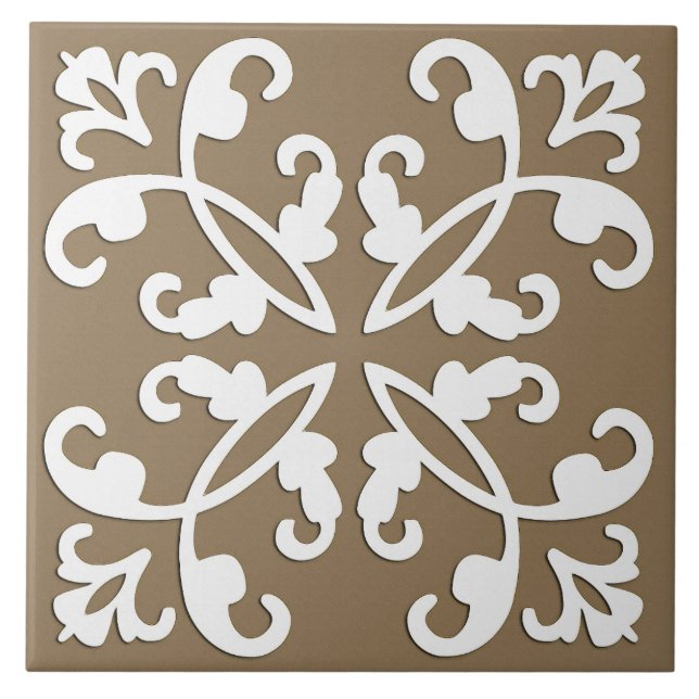 Lacy cutwork - white over taupe tan ceramic tile (Front)