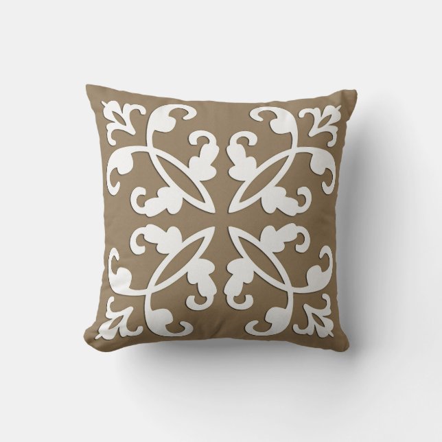 Lacy cutwork - white over taupe tan cushion (Front)