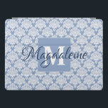Lacy Dusty Blue Damask Monogram & Name Feminine iPad Pro Cover<br><div class="desc">This beautiful iPad case features a classic white damask pattern over a light blue grey background. The design is personalised with a monogram initial letter as well as a customisable name. Perfect for work or school, or any woman who wants a pretty feminine case with a simple yet elegant design....</div>