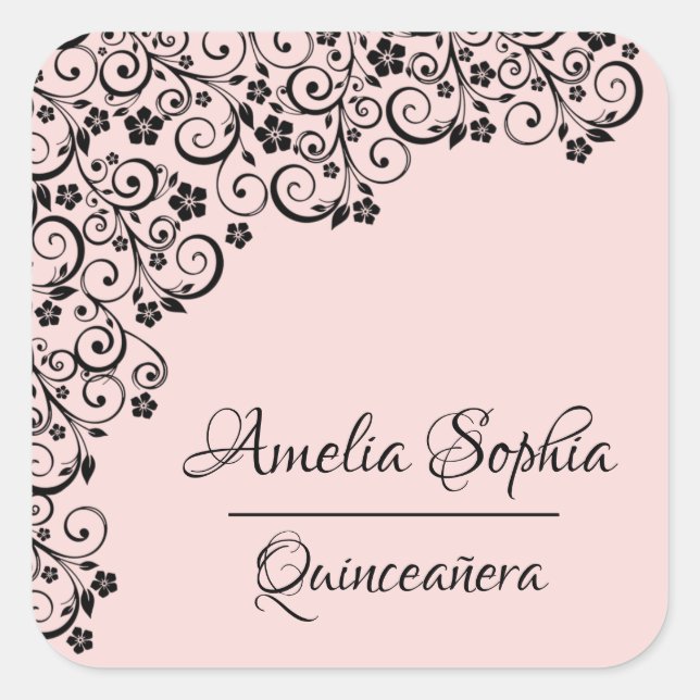 Lacy Elegant Quinceañera Blush Pink and Black Square Sticker (Front)