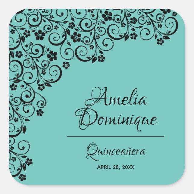 Lacy Elegant Quinceañera Turquoise Square Sticker (Front)
