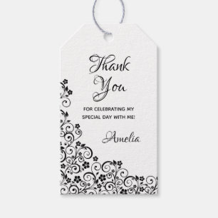 Lacy Floral Quinceañera Black and White Gift Tags