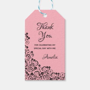 Lacy Floral Quinceañera Pink and Black Gift Tags