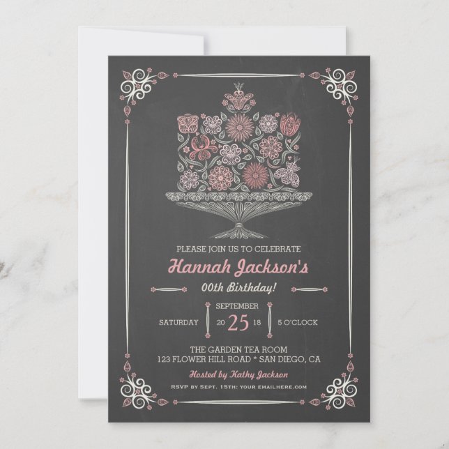 Lacy Flower Birthday Cake Chalkboard Invite 5x7 (Front)