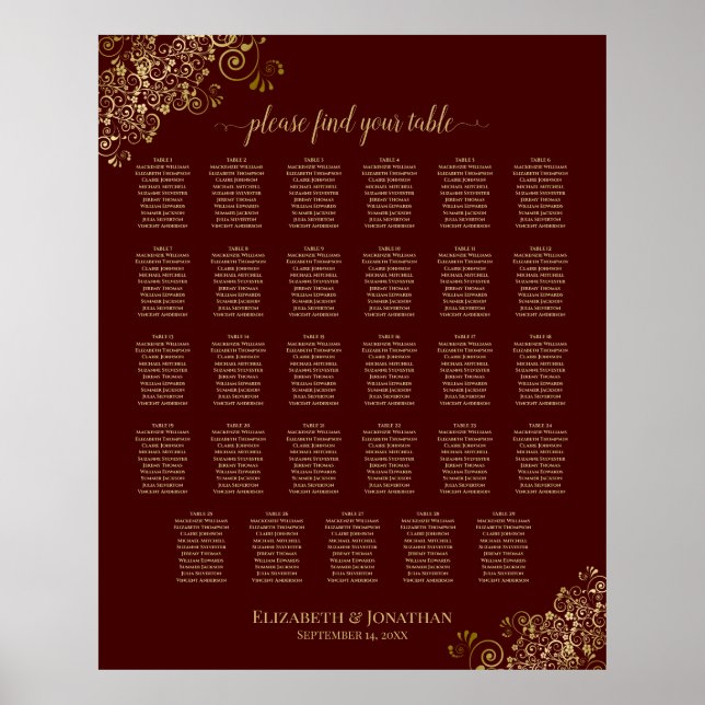 Lacy Gold 29 Table Wedding Seating Chart Auburn (Front)