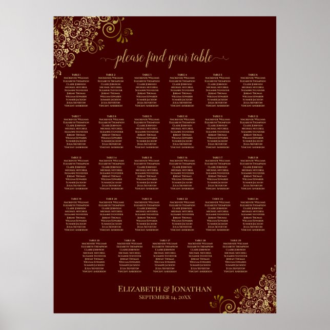 Lacy Gold 29 Table Wedding Seating Chart Auburn (Front)