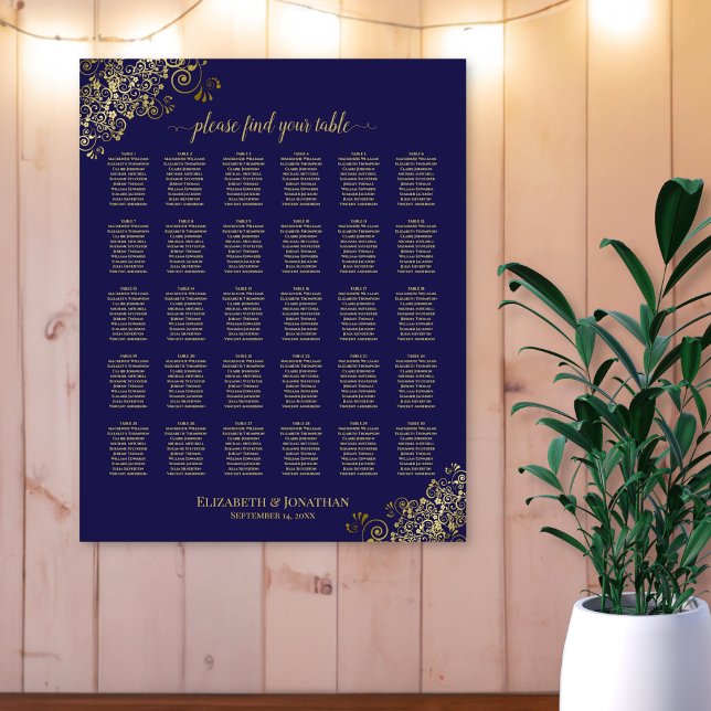 Lacy Gold 30 Table Wedding Seating Chart Navy Blue (On Wall)