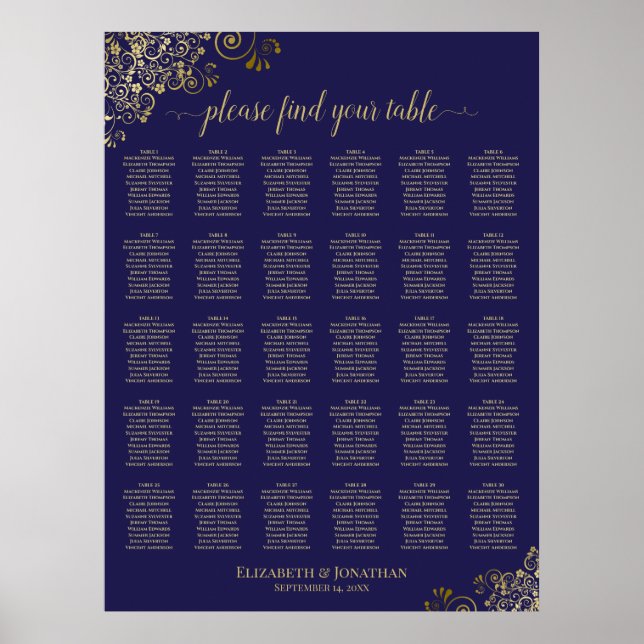 Lacy Gold 30 Table Wedding Seating Chart Navy Blue (Front)