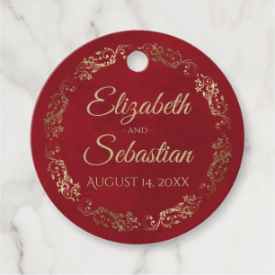 Lacy Gold Border Elegant Crimson Red Wedding Favour Tags