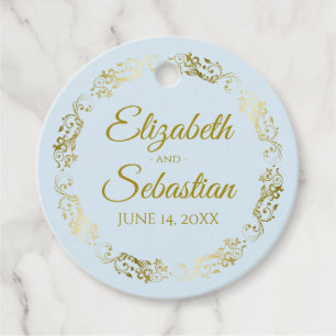 Lacy Gold Border Elegant Powder Blue Wedding Favour Tags