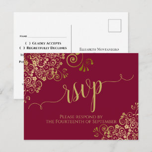 Lacy Gold Calligraphy Burgundy Maroon Wedding RSVP Postcard