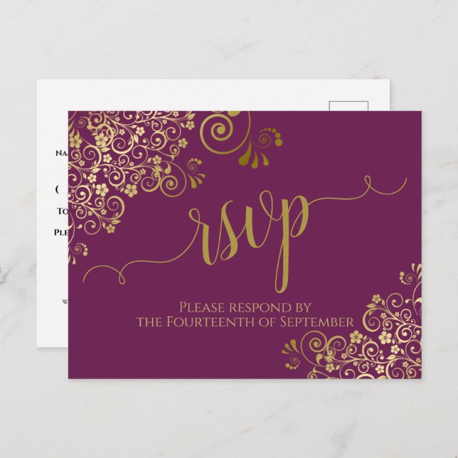 Lacy Gold Calligraphy Cassis Purple Wedding RSVP Postcard (Front/Back)